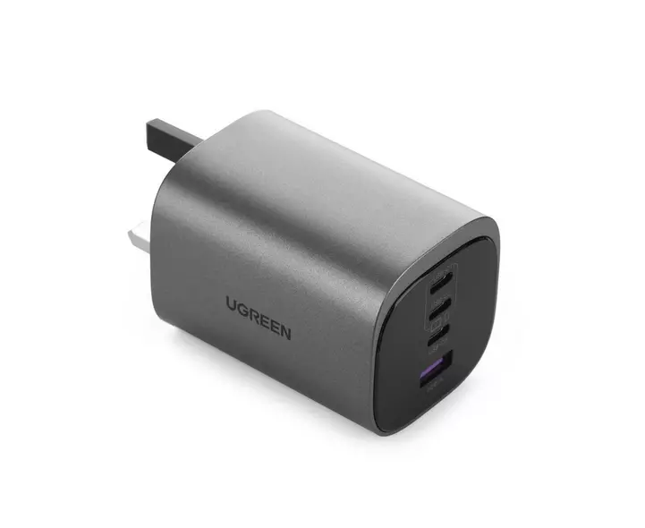 شاحن سريع Ugreen Nexode S بتقنية GaN، مزود بثلاثة منافذ USB-C وUSB، بقدرة 65 واط - رمادي