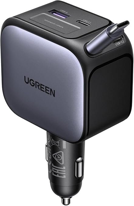 شاحن سيارة UGREEN بقوة 145 واط، شحن سريع، 4 منافذ مع كابل من النوع