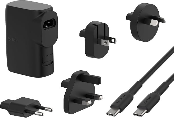 Belkin 25-watt portable charger and wall charger with a set of travel adapters,