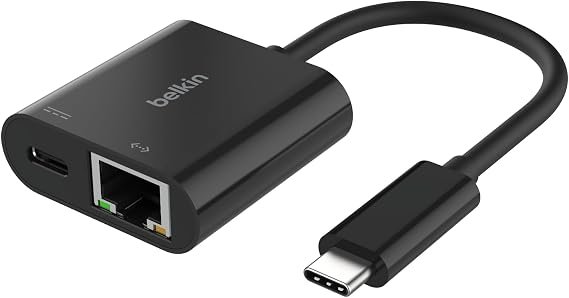 محول Belkin Connect USB-C إلى إيثرنت + شحن بقوة 100 واط مع منفذ إيثرنت جيجابت ومنفذ USB-C - سرعة إنترنت فائقة